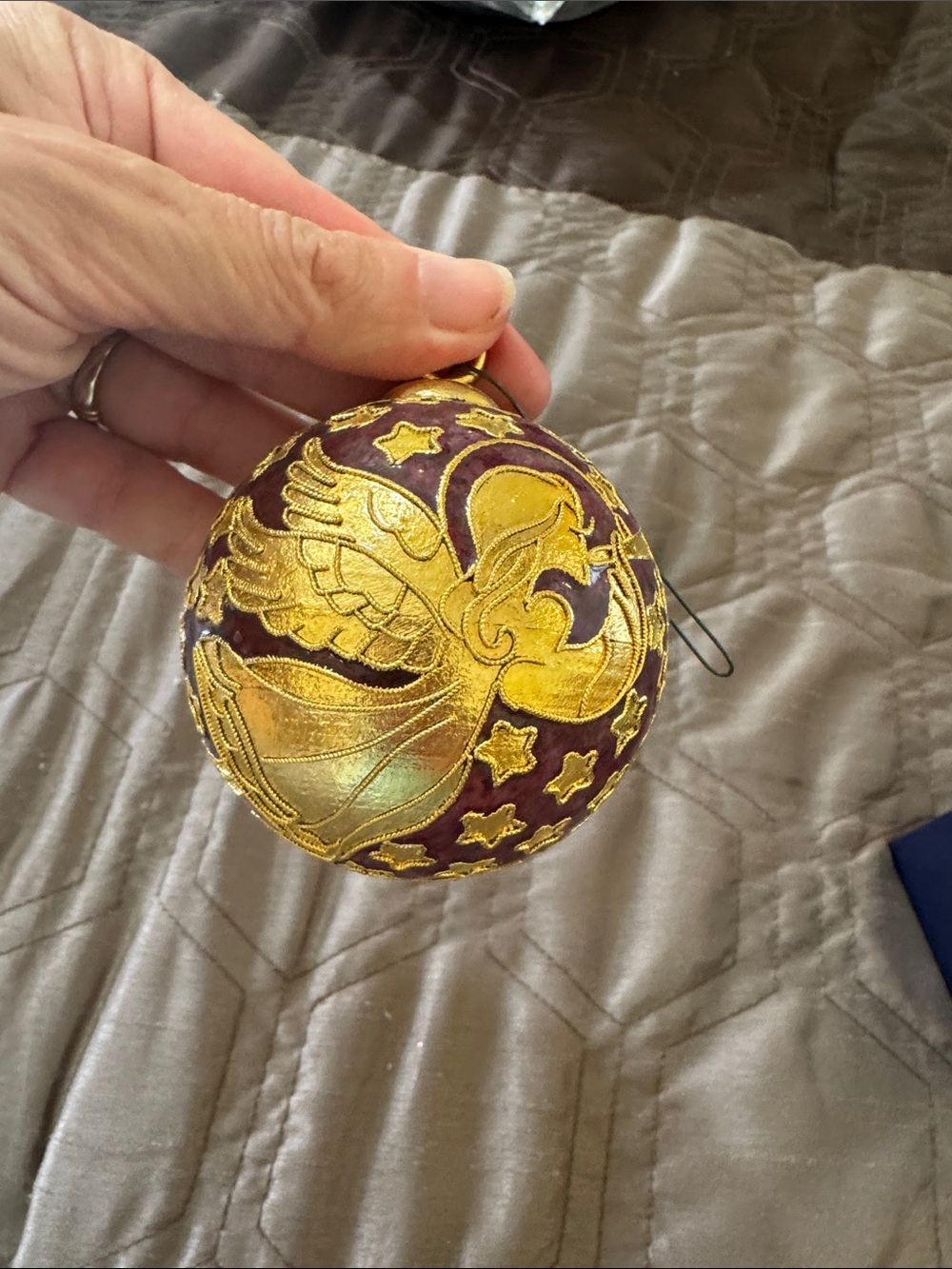Gold Angel Embroidered Burgundy cloisonné Ornament - Home Accents